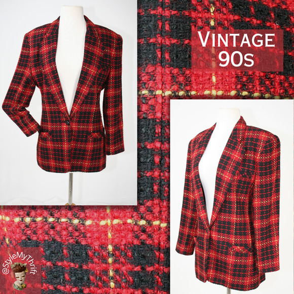 Vintage Jackets & Blazers - Vintage 90s Red Plaid Tartan Tweed Blazer Holiday Fall Winter Preppy Grunge Wool